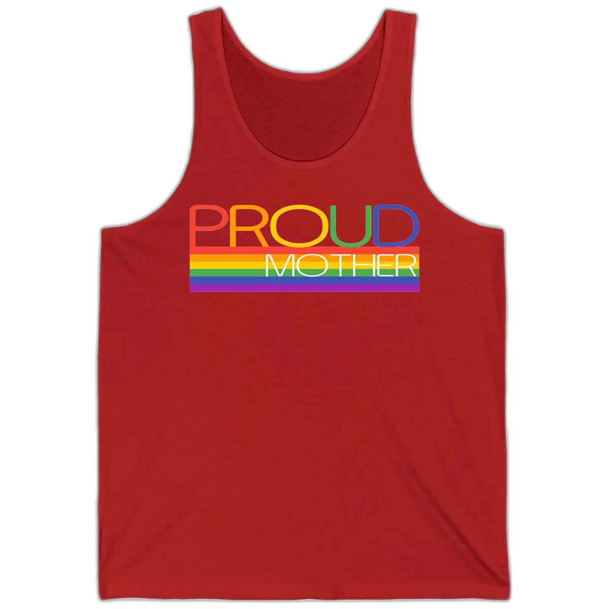Colorful 'Proud Mother' text in red, orange, yellow, green, blue, and purple letters over horizontal rainbow pride flag stripes on gray background in Red