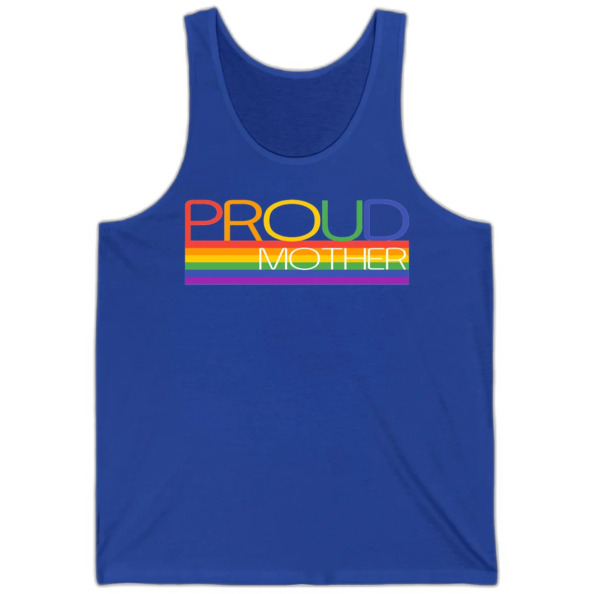 Colorful 'Proud Mother' text in red, orange, yellow, green, blue, and purple letters over horizontal rainbow pride flag stripes on gray background in True Royal