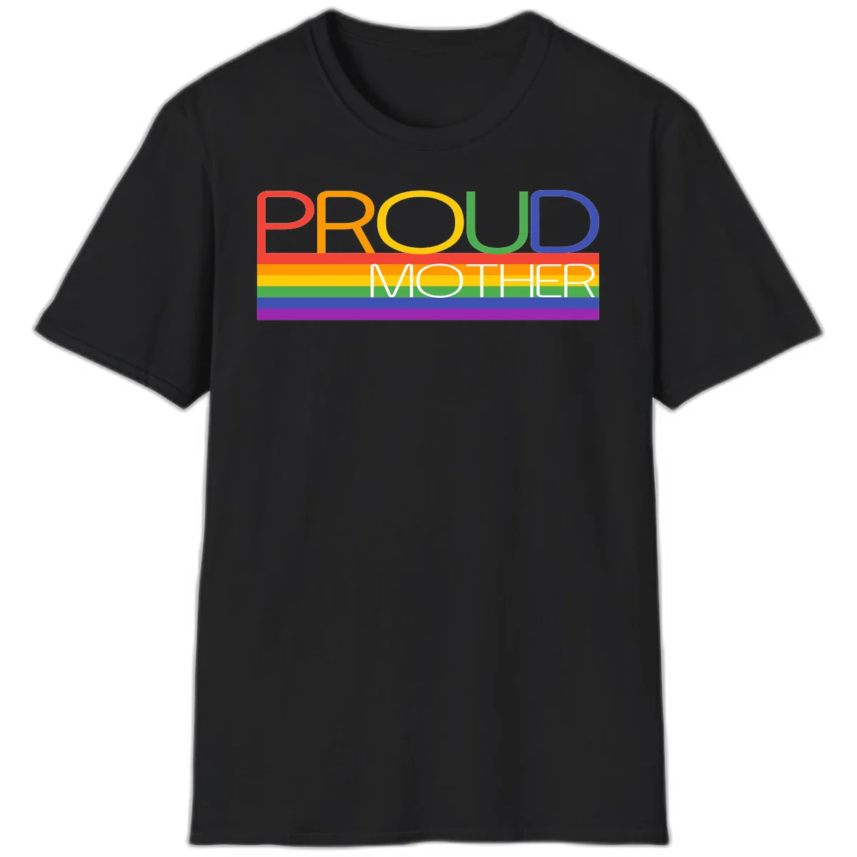 Colorful 'Proud Mother' text in red, orange, yellow, green, blue, and purple letters over horizontal rainbow pride flag stripes on gray background in Black