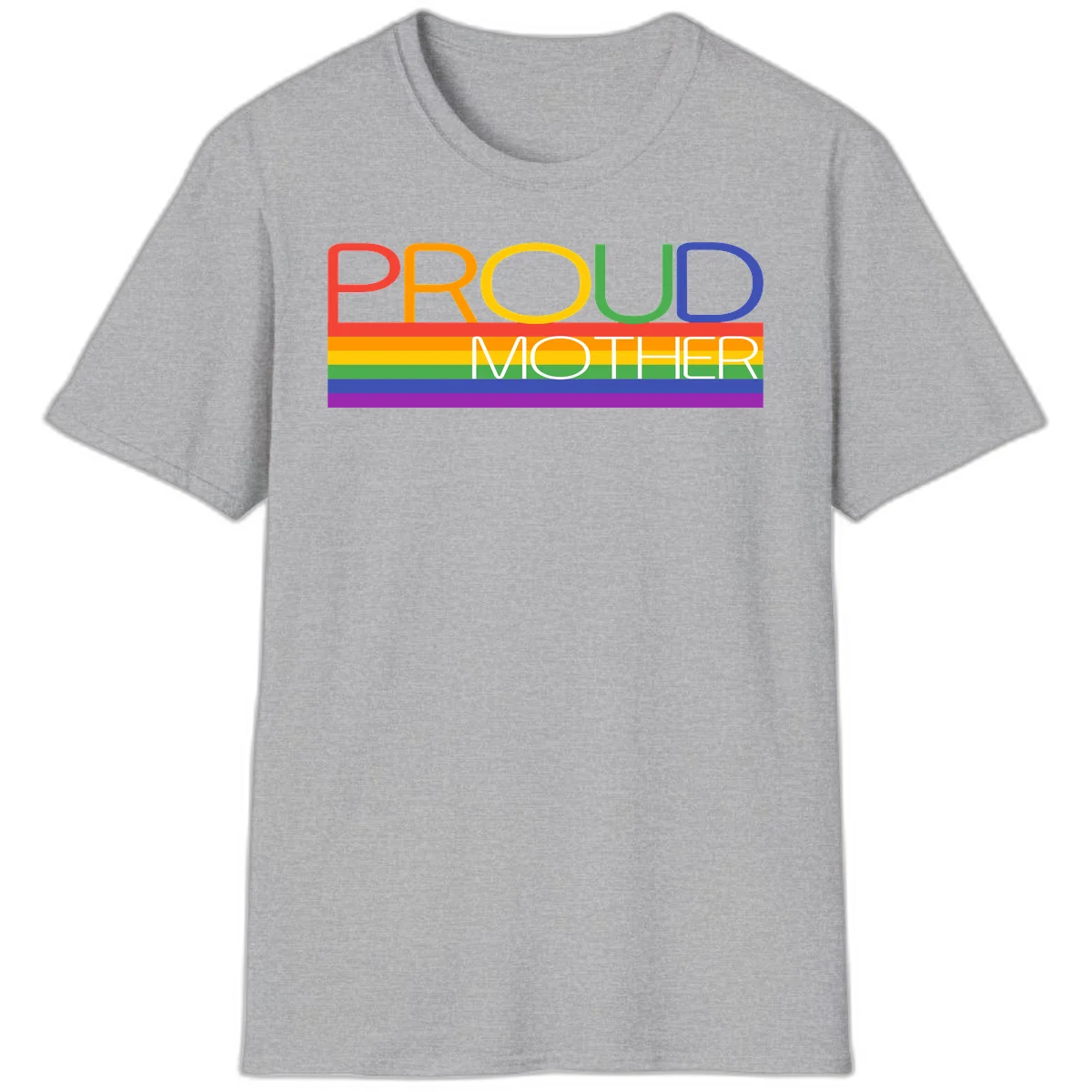 Colorful 'Proud Mother' text in red, orange, yellow, green, blue, and purple letters over horizontal rainbow pride flag stripes on gray background in Sport Grey