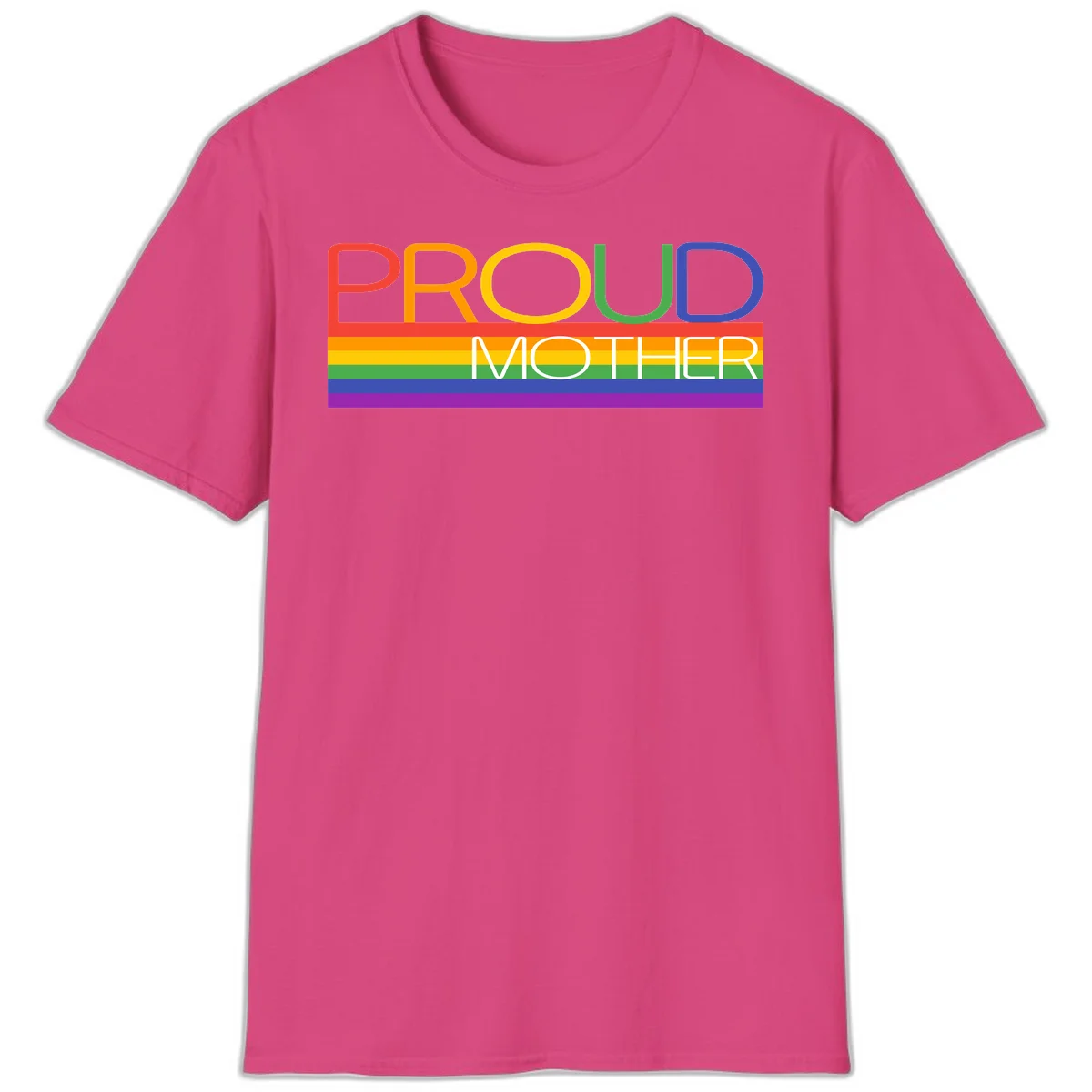 Colorful 'Proud Mother' text in red, orange, yellow, green, blue, and purple letters over horizontal rainbow pride flag stripes on gray background in Heliconia