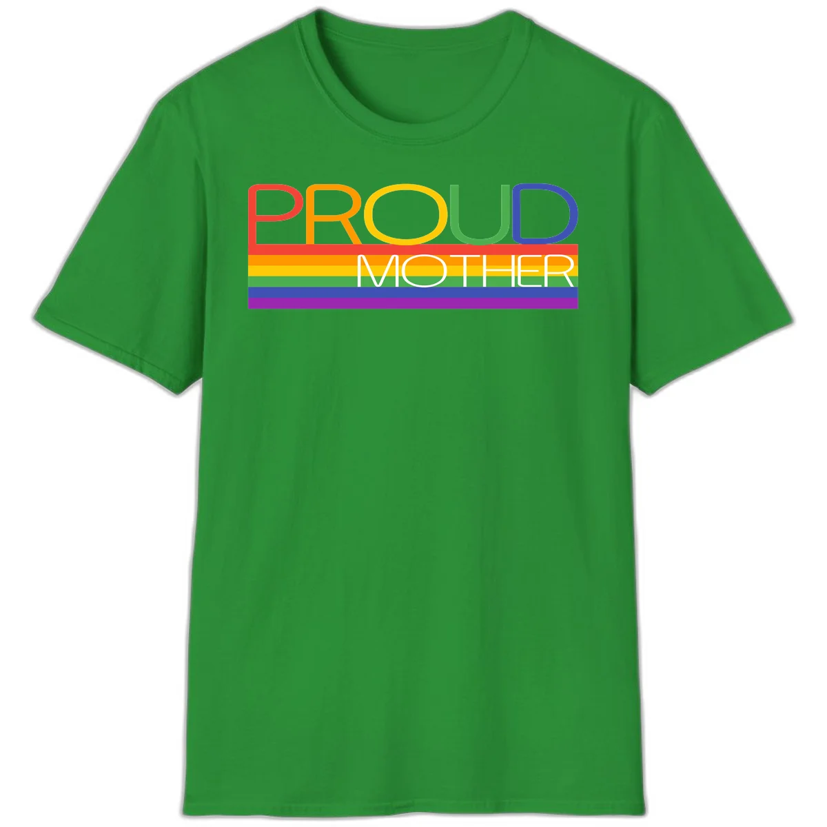 Colorful 'Proud Mother' text in red, orange, yellow, green, blue, and purple letters over horizontal rainbow pride flag stripes on gray background in Irish Green