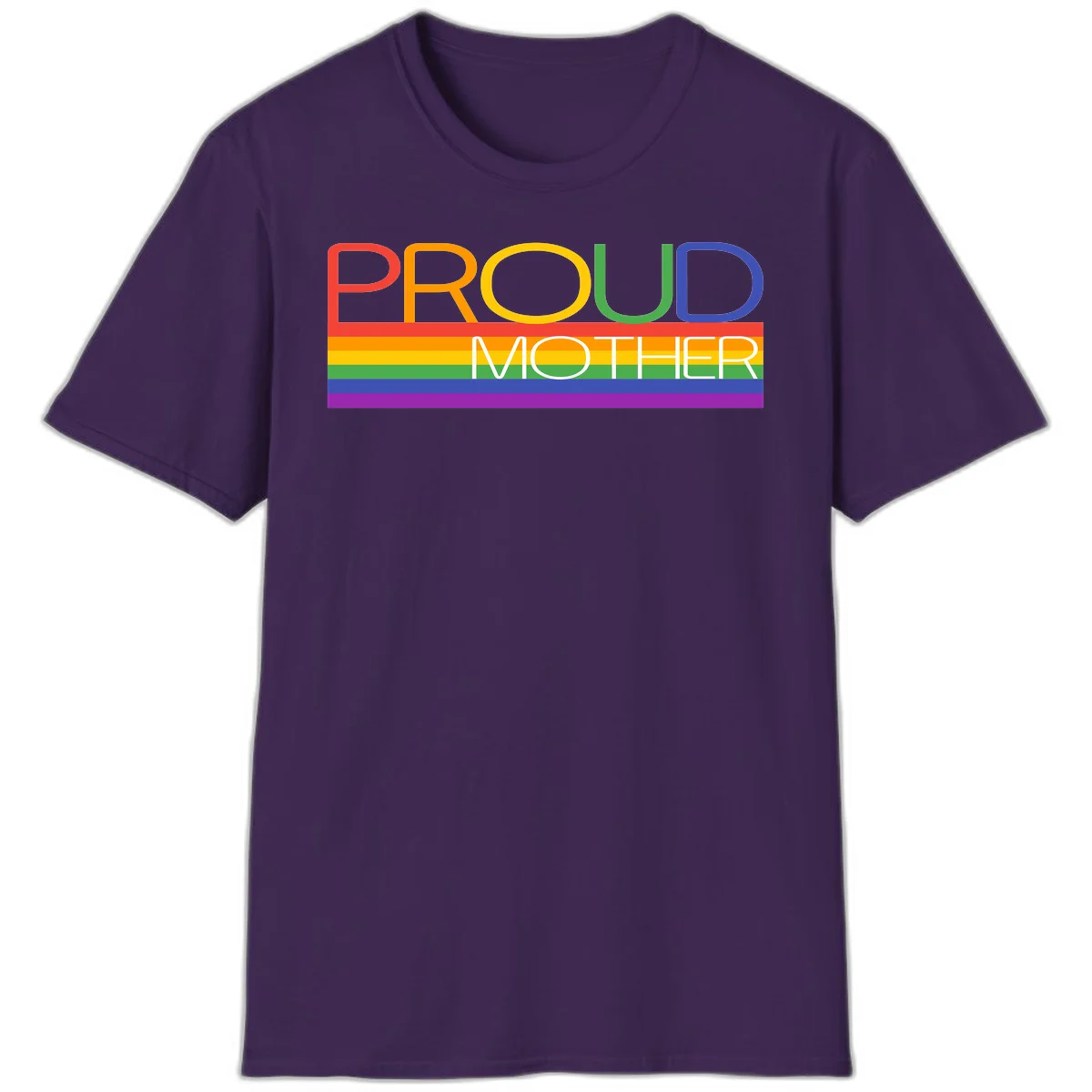 Colorful 'Proud Mother' text in red, orange, yellow, green, blue, and purple letters over horizontal rainbow pride flag stripes on gray background in Purple