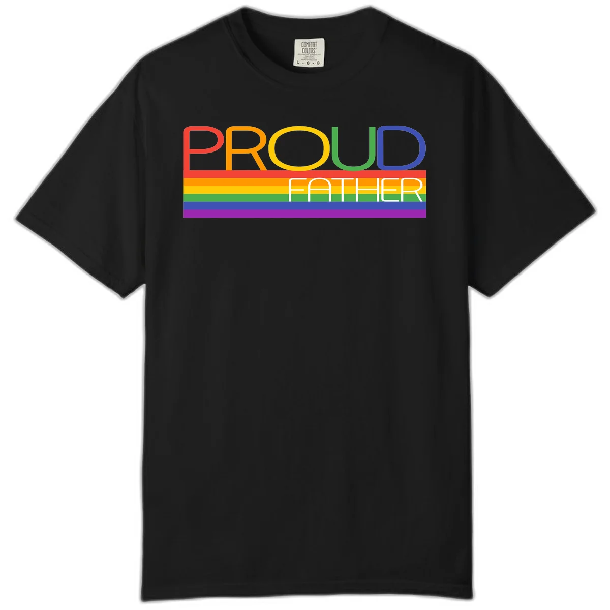 Proud father pride design with rainbow-colored letters and horizontal pride flag stripes in Black