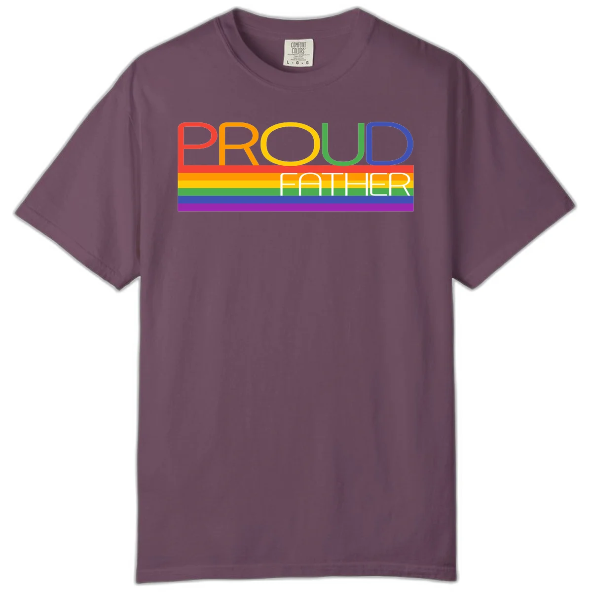 Proud father pride design with rainbow-colored letters and horizontal pride flag stripes in Berry