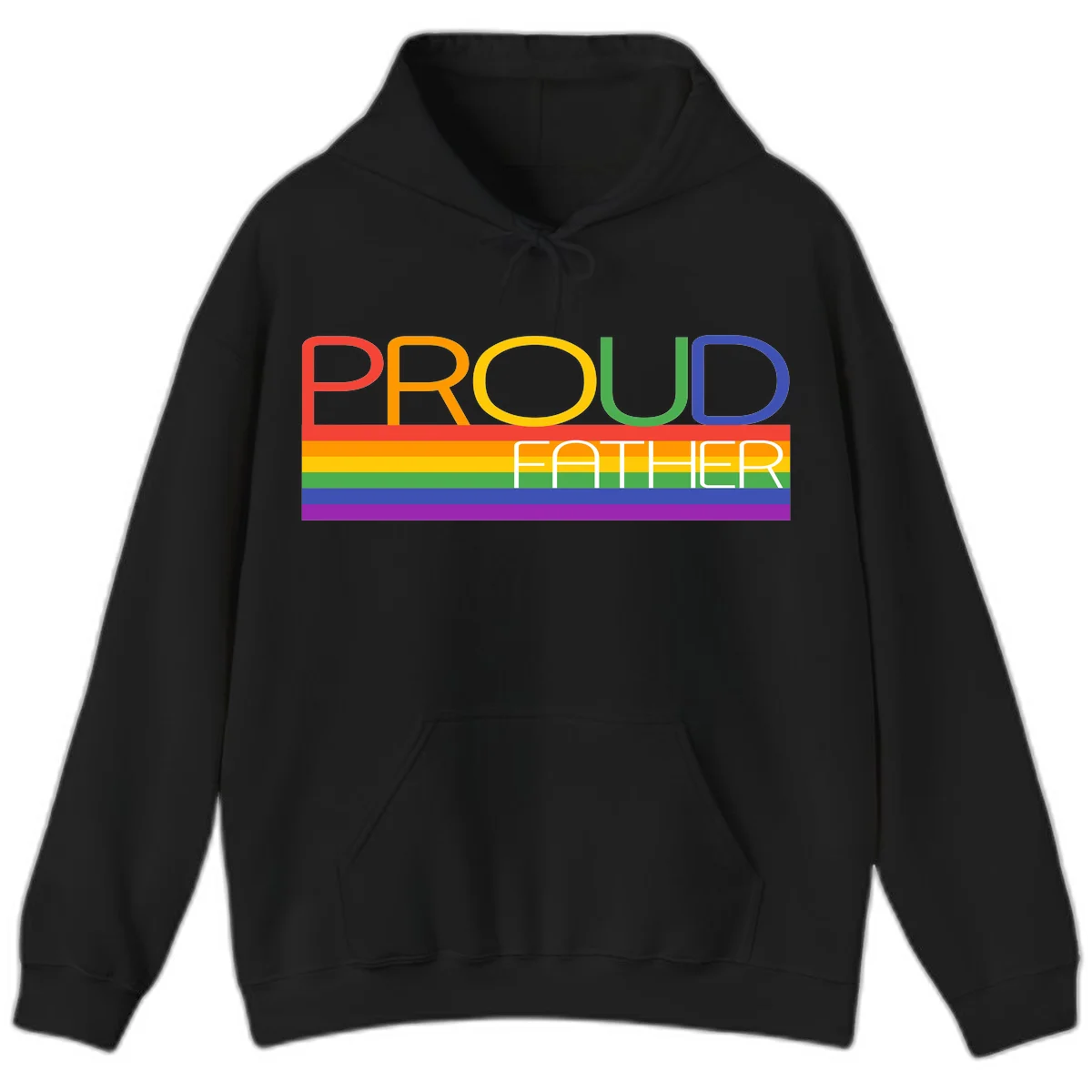 Proud father pride design with rainbow-colored letters and horizontal pride flag stripes in Black