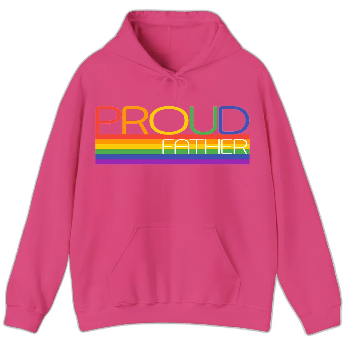 Proud father pride design with rainbow-colored letters and horizontal pride flag stripes in Heliconia