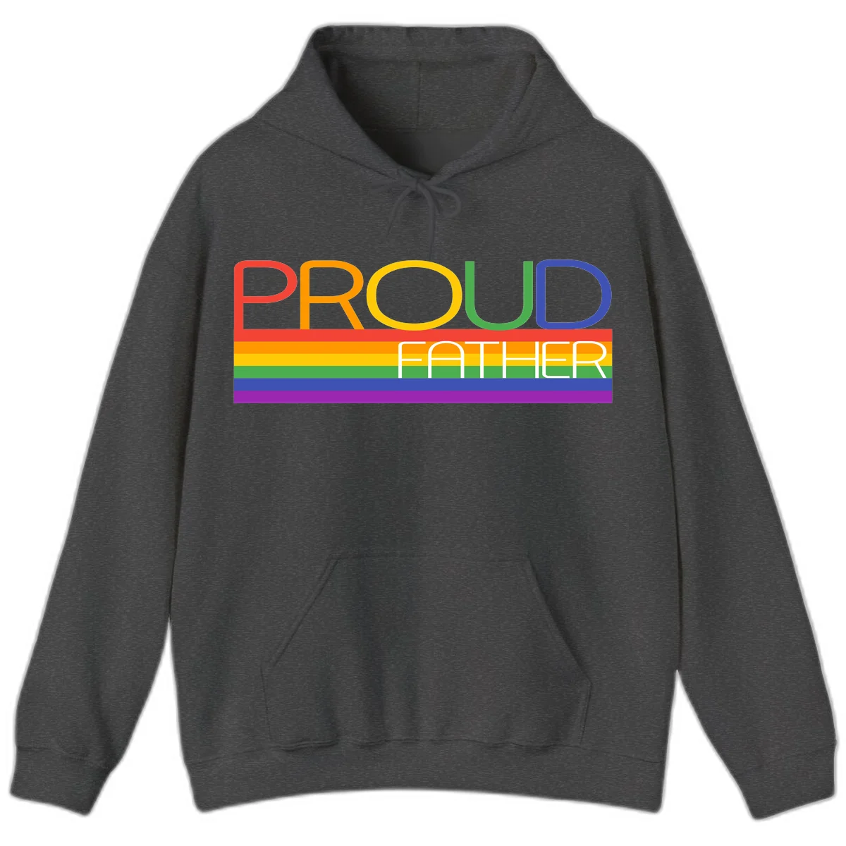 Proud father pride design with rainbow-colored letters and horizontal pride flag stripes in Dark Heather