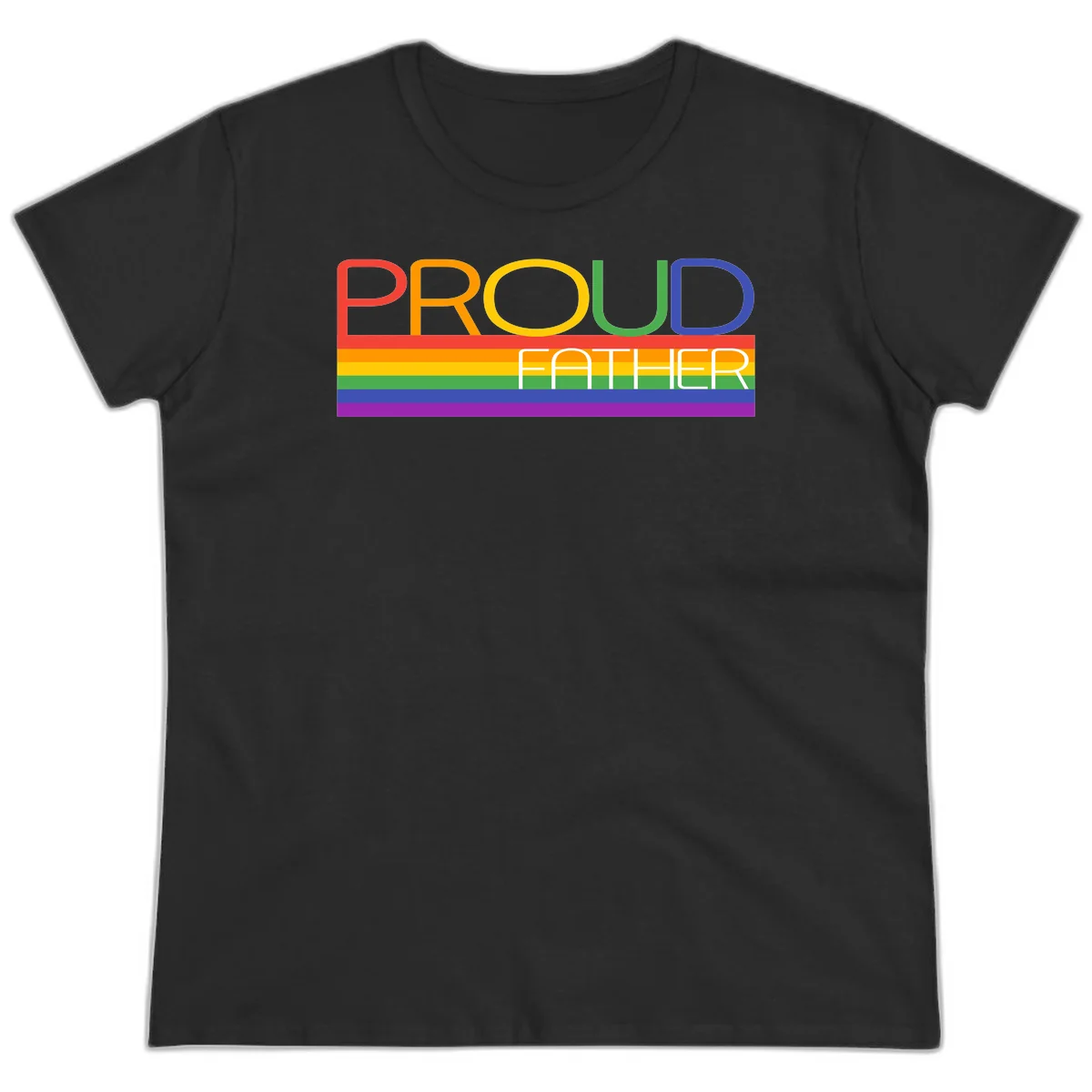 Proud father pride design with rainbow-colored letters and horizontal pride flag stripes in Black
