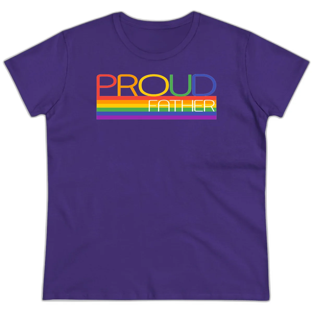 Proud father pride design with rainbow-colored letters and horizontal pride flag stripes in Purple