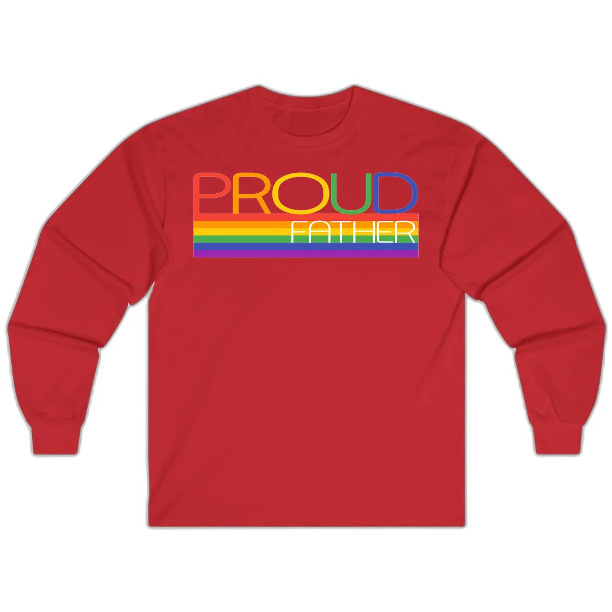 Proud father pride design with rainbow-colored letters and horizontal pride flag stripes in Red