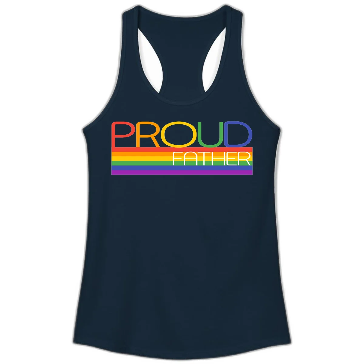 Proud father pride design with rainbow-colored letters and horizontal pride flag stripes in Solid Midnight Navy
