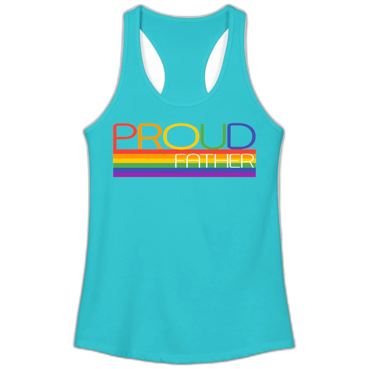 Proud father pride design with rainbow-colored letters and horizontal pride flag stripes in Solid Tahiti Blue