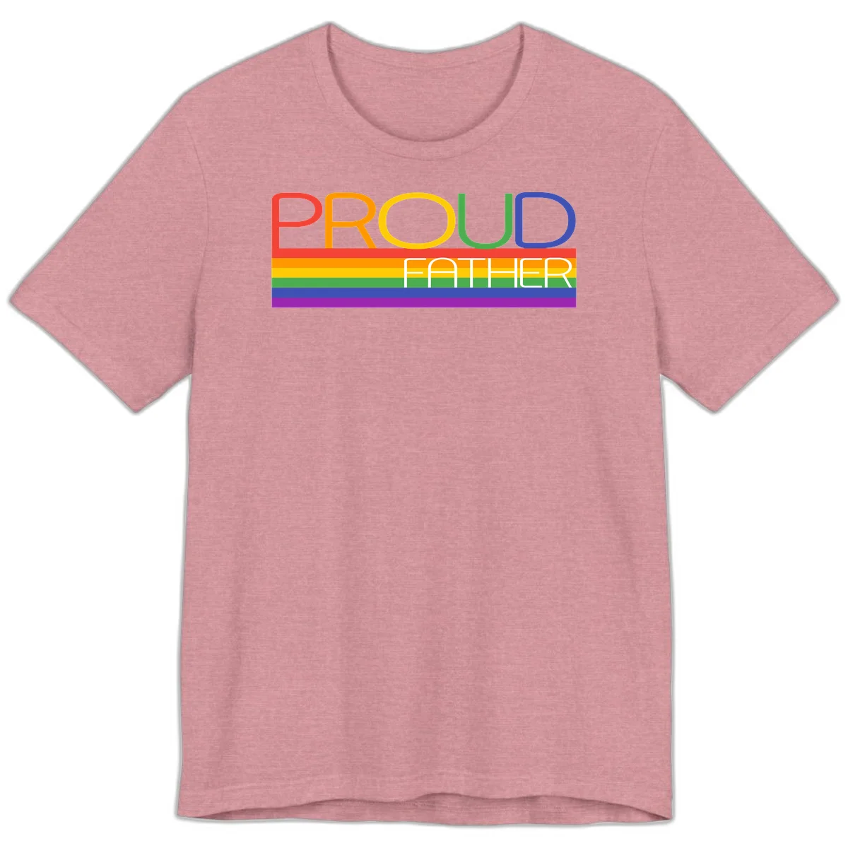 Proud father pride design with rainbow-colored letters and horizontal pride flag stripes in Heather Orchid