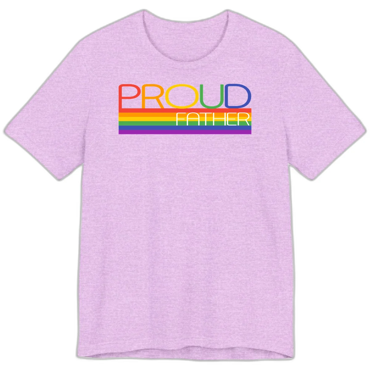 Proud father pride design with rainbow-colored letters and horizontal pride flag stripes in Heather Prism Lilac