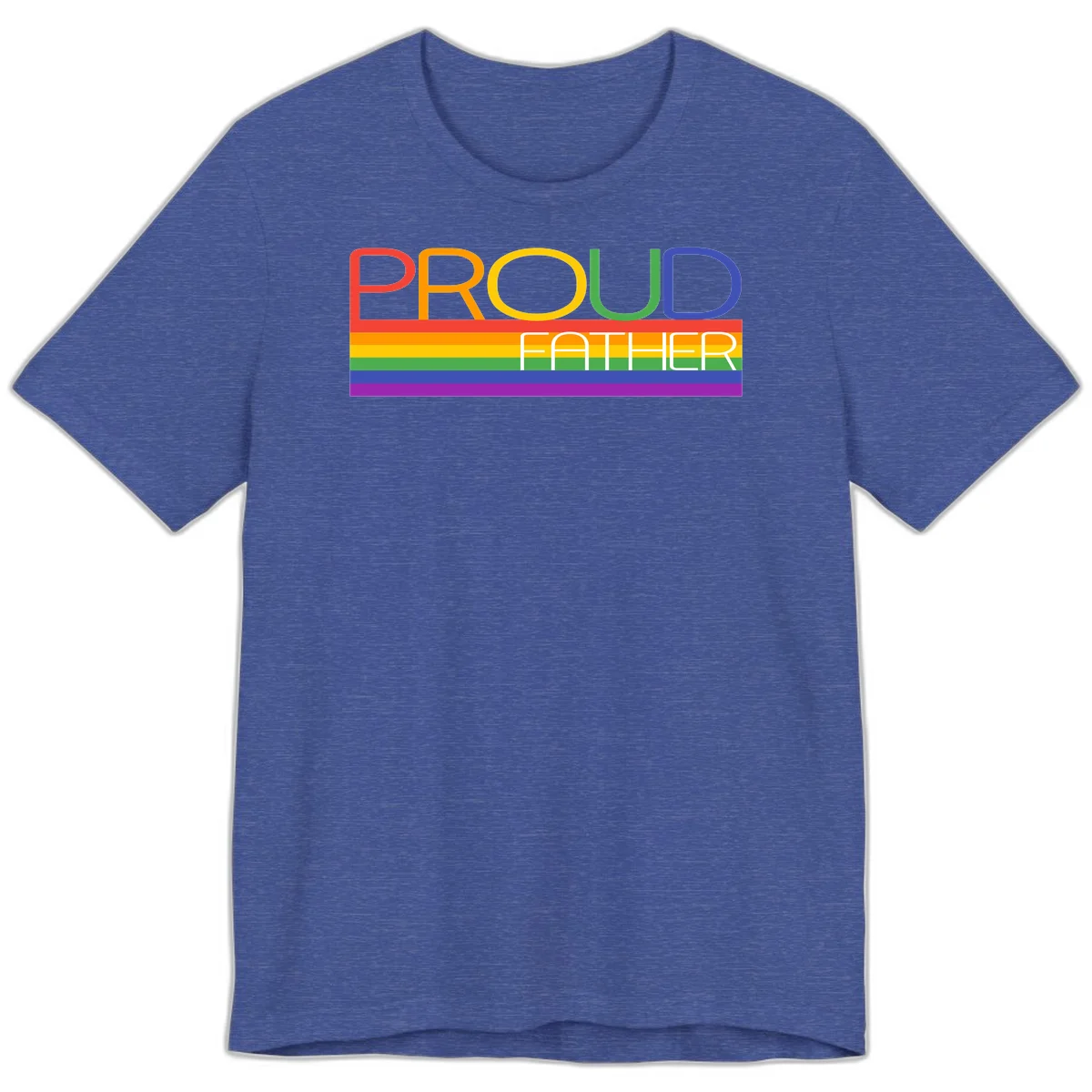 Proud father pride design with rainbow-colored letters and horizontal pride flag stripes in Heather True Royal