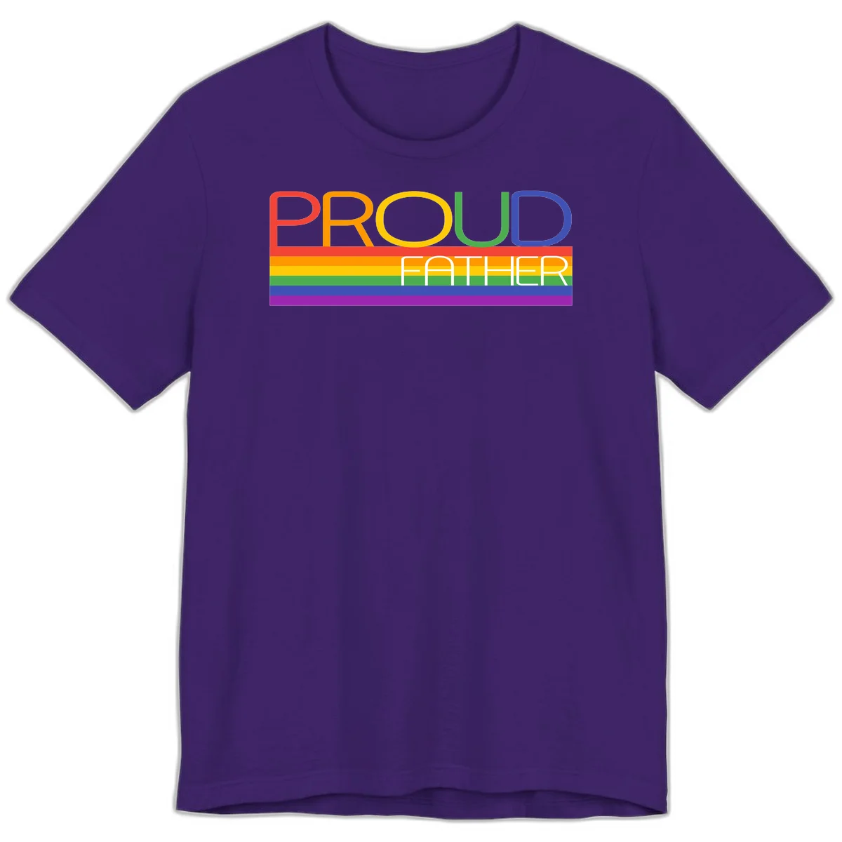 Proud father pride design with rainbow-colored letters and horizontal pride flag stripes in Team Purple
