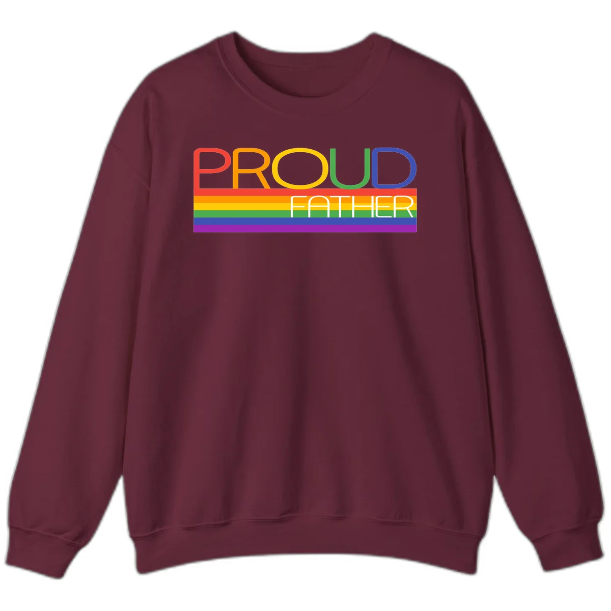 Proud father pride design with rainbow-colored letters and horizontal pride flag stripes in Maroon