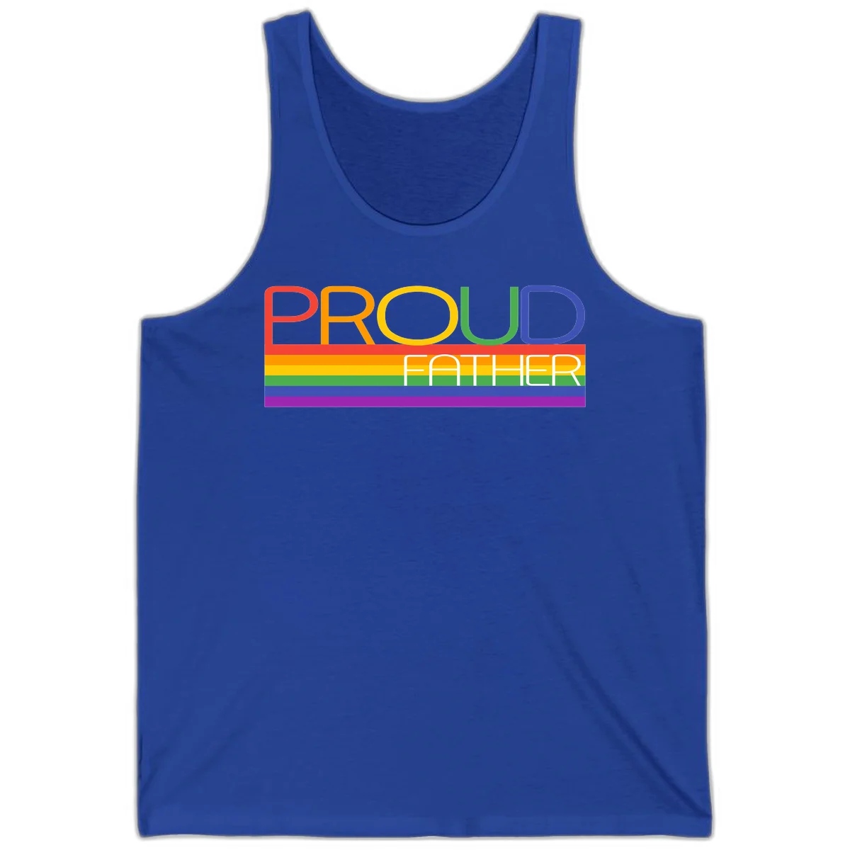 Proud father pride design with rainbow-colored letters and horizontal pride flag stripes in True Royal
