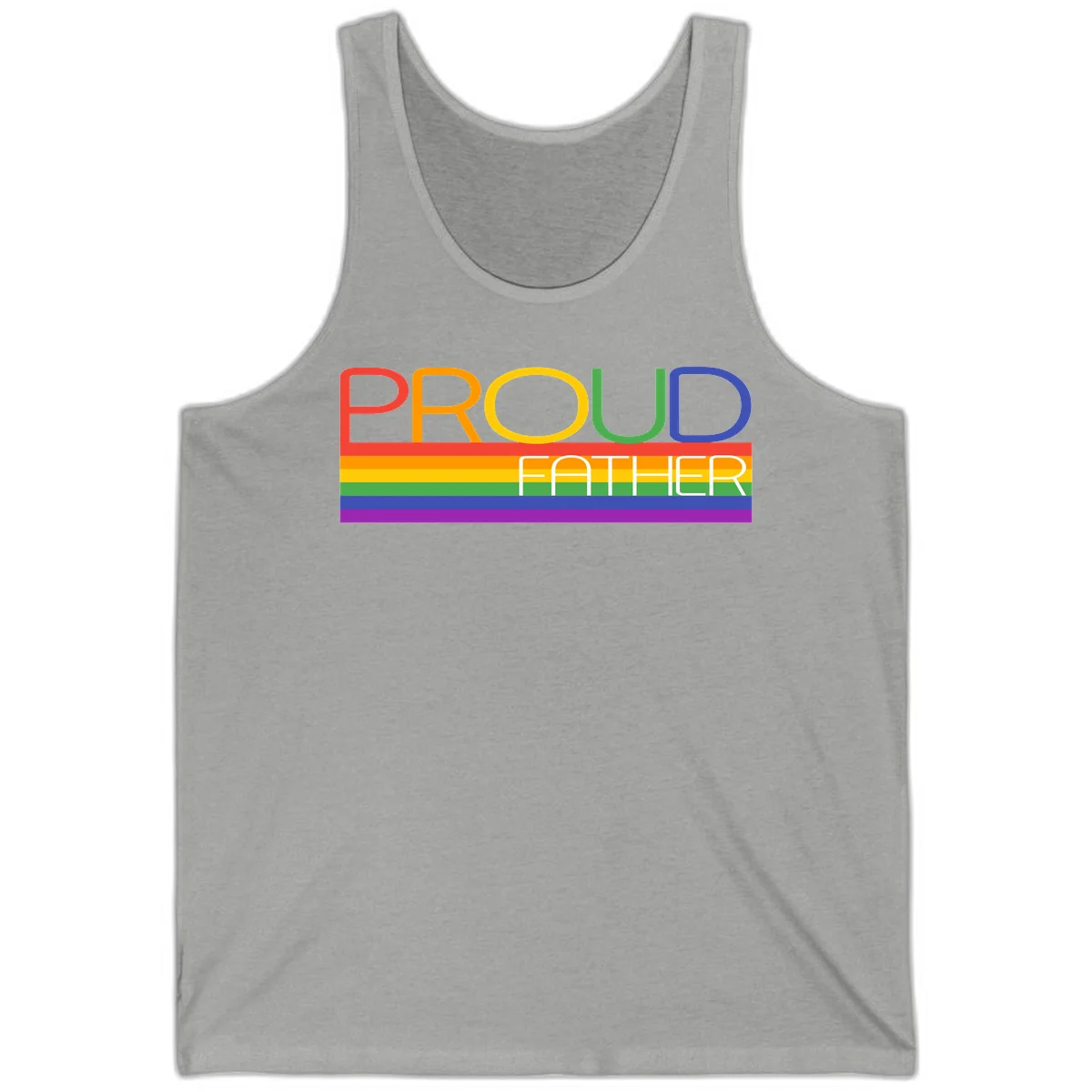 Proud father pride design with rainbow-colored letters and horizontal pride flag stripes in Athletic Heather