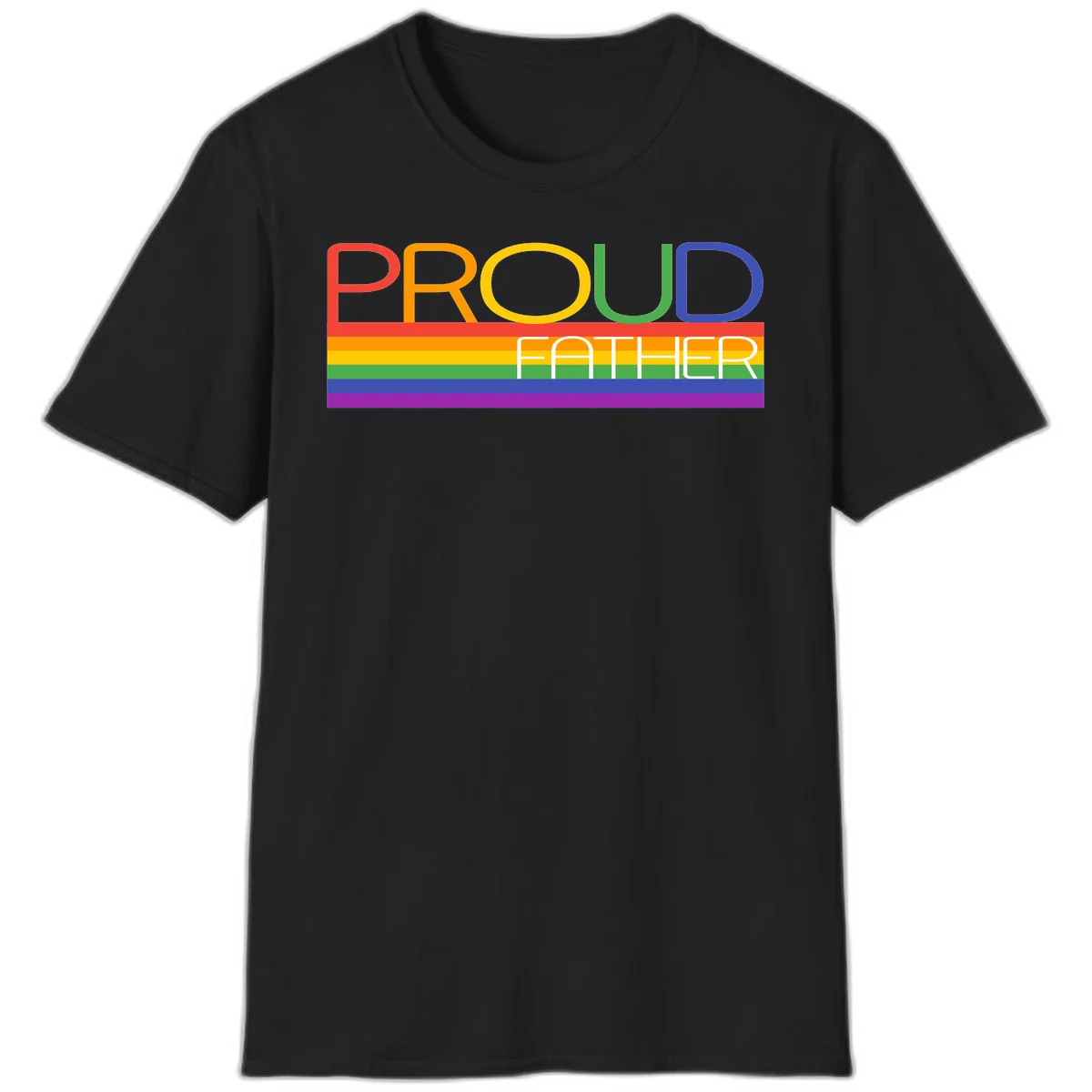Proud father pride design with rainbow-colored letters and horizontal pride flag stripes in Black