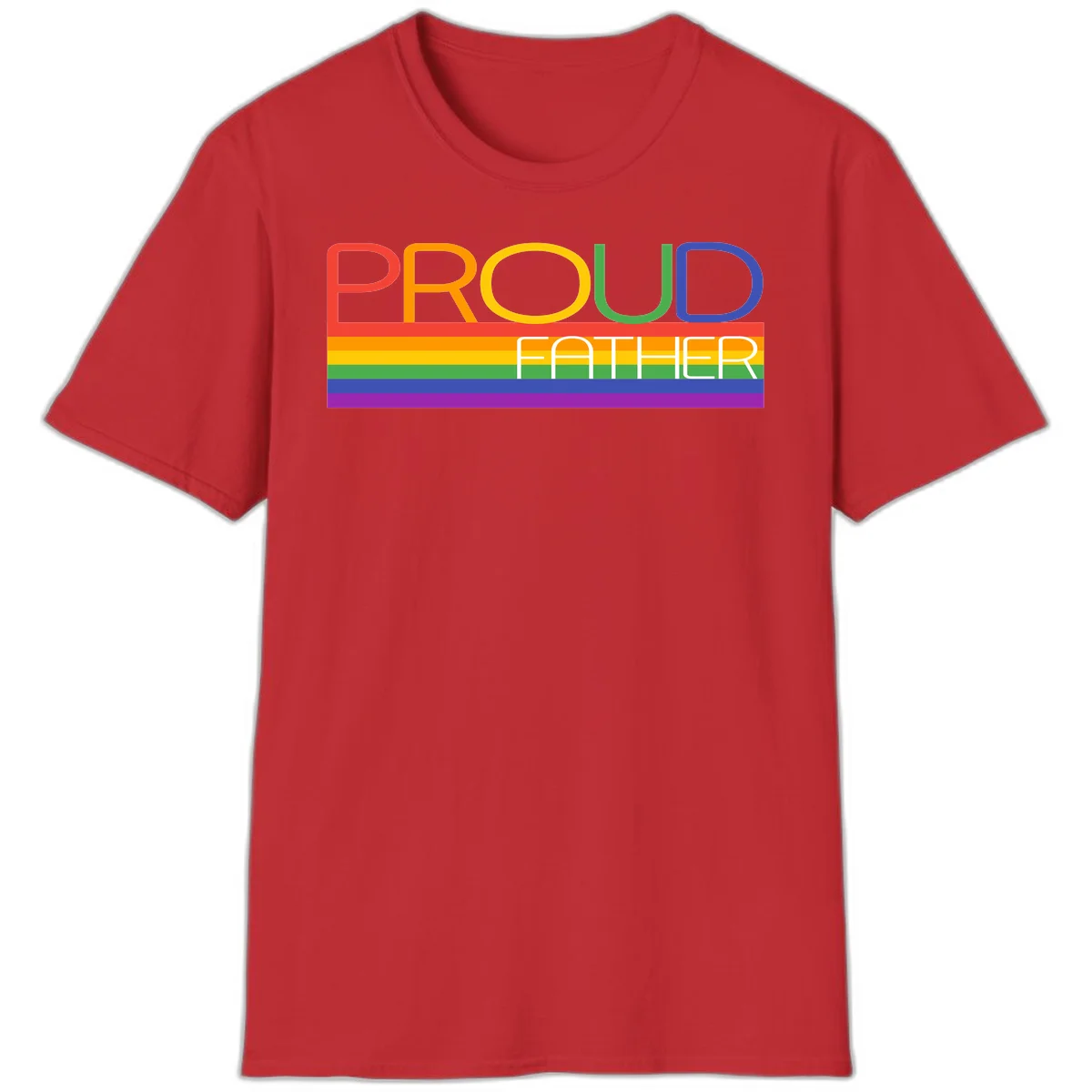 Proud father pride design with rainbow-colored letters and horizontal pride flag stripes in Red