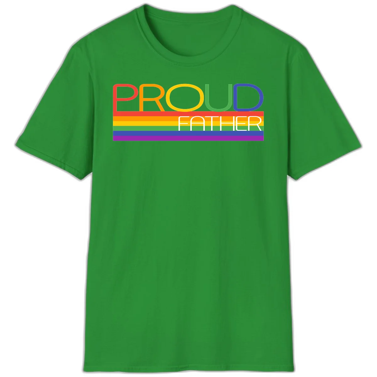 Proud father pride design with rainbow-colored letters and horizontal pride flag stripes in Irish Green