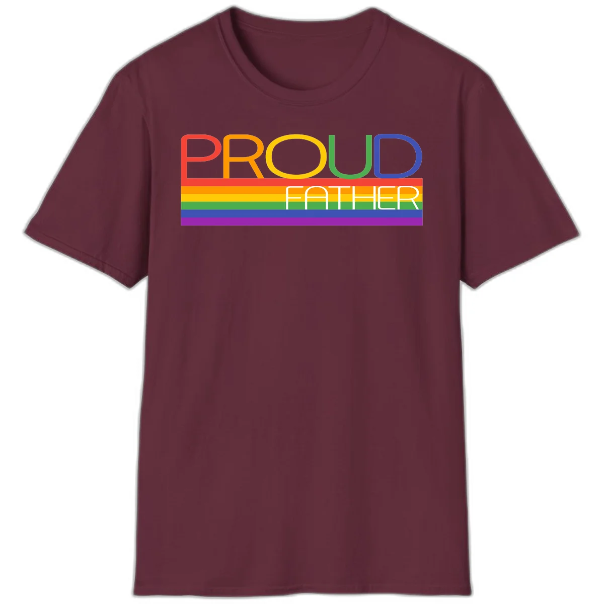 Proud father pride design with rainbow-colored letters and horizontal pride flag stripes in Maroon