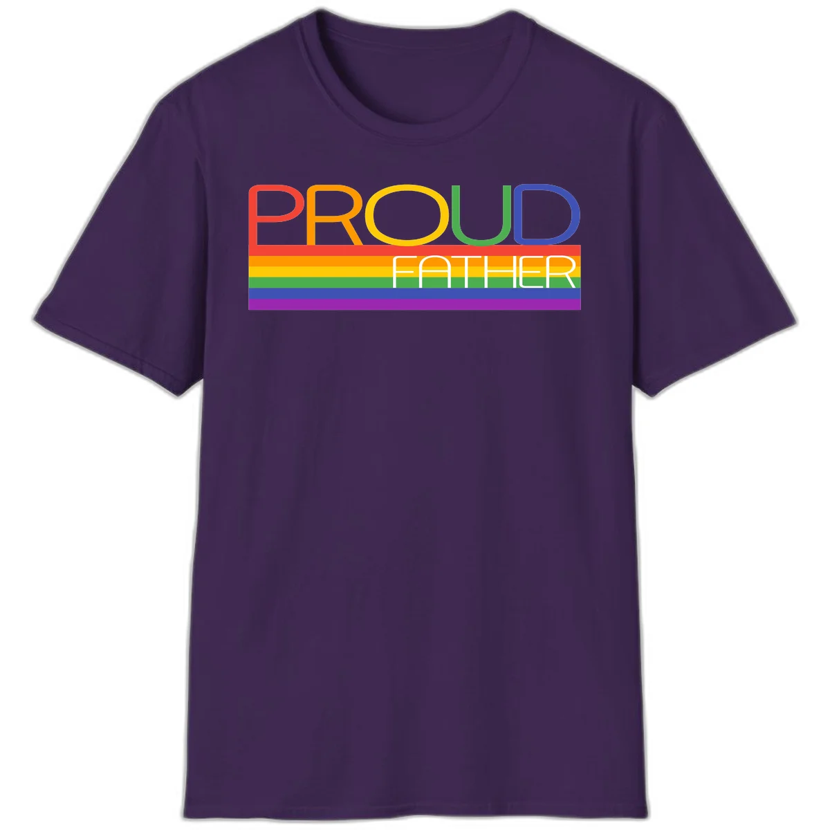 Proud father pride design with rainbow-colored letters and horizontal pride flag stripes in Purple