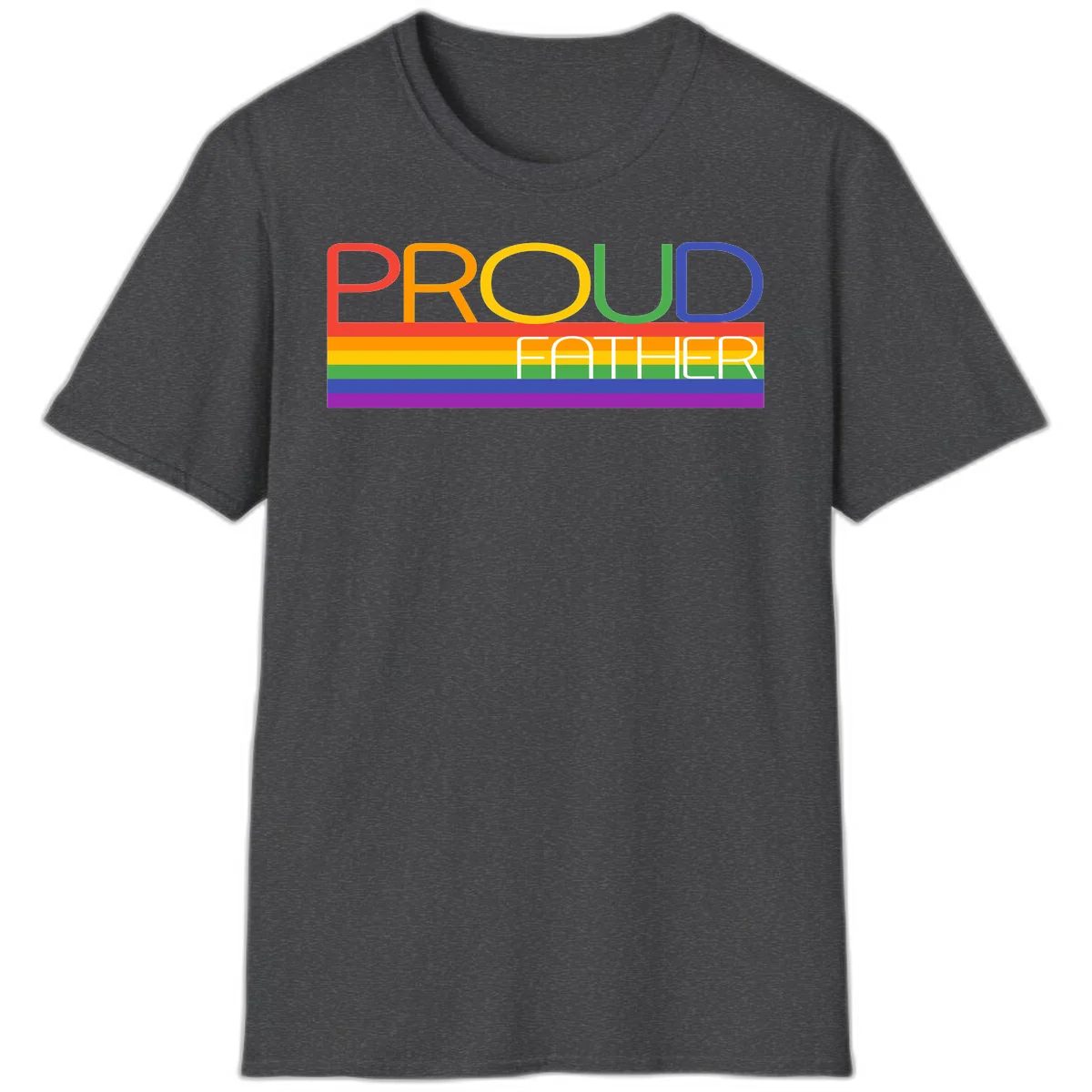 Proud father pride design with rainbow-colored letters and horizontal pride flag stripes in Dark Heather