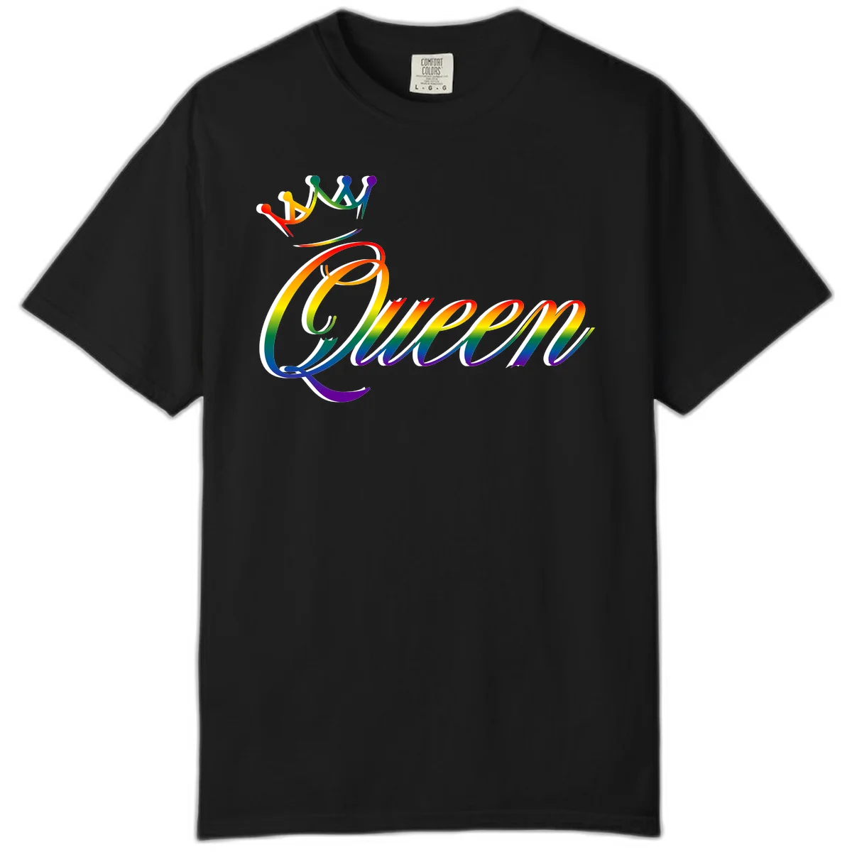 Rainbow queen pride design with four connected figures in pride colors and gradient text in Black