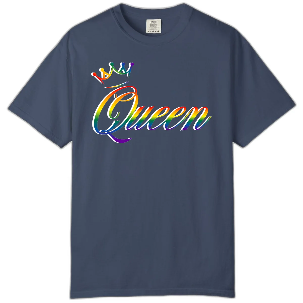 Rainbow queen pride design with four connected figures in pride colors and gradient text in Midnight