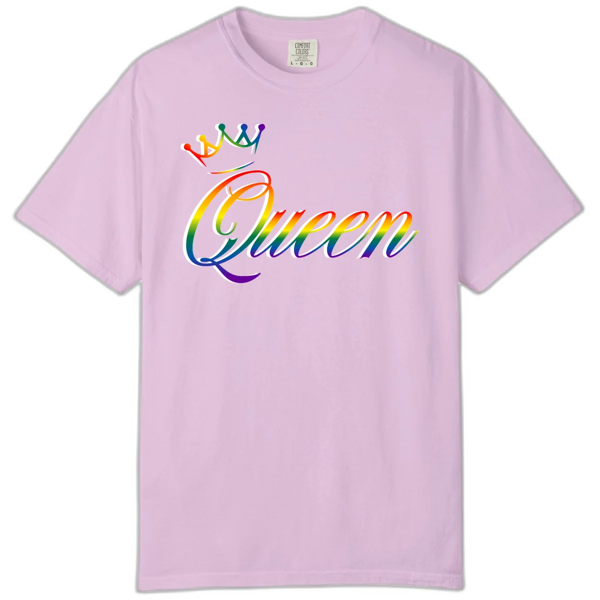 Rainbow queen pride design with four connected figures in pride colors and gradient text in Orchid