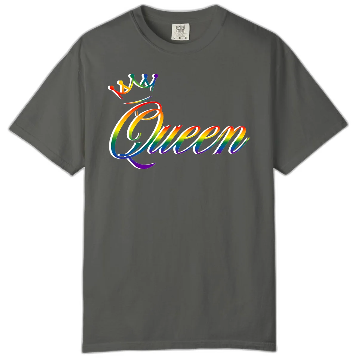 Rainbow queen pride design with four connected figures in pride colors and gradient text in Pepper