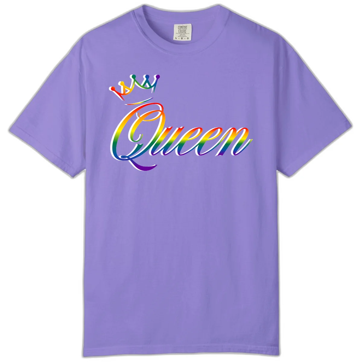 Rainbow queen pride design with four connected figures in pride colors and gradient text in Violet