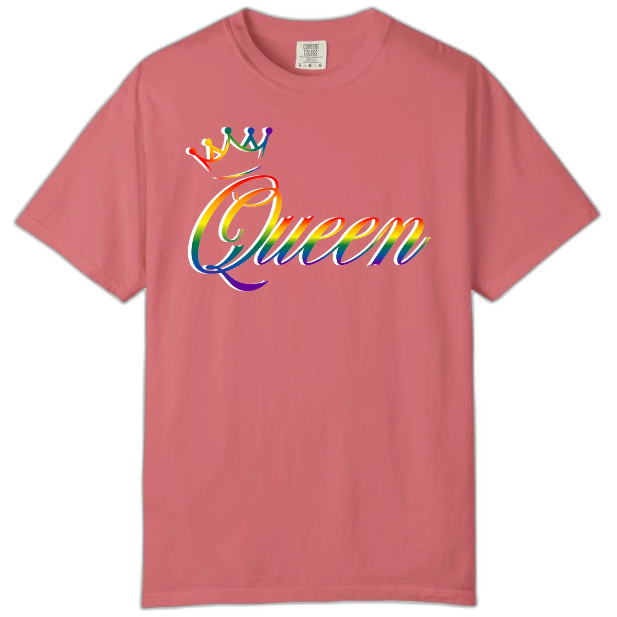 Rainbow queen pride design with four connected figures in pride colors and gradient text in Watermelon