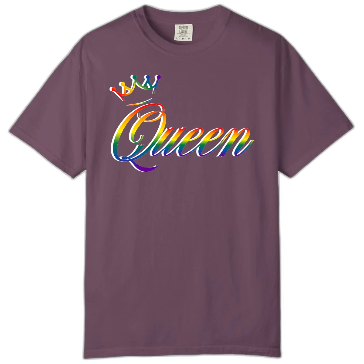 Rainbow queen pride design with four connected figures in pride colors and gradient text in Berry
