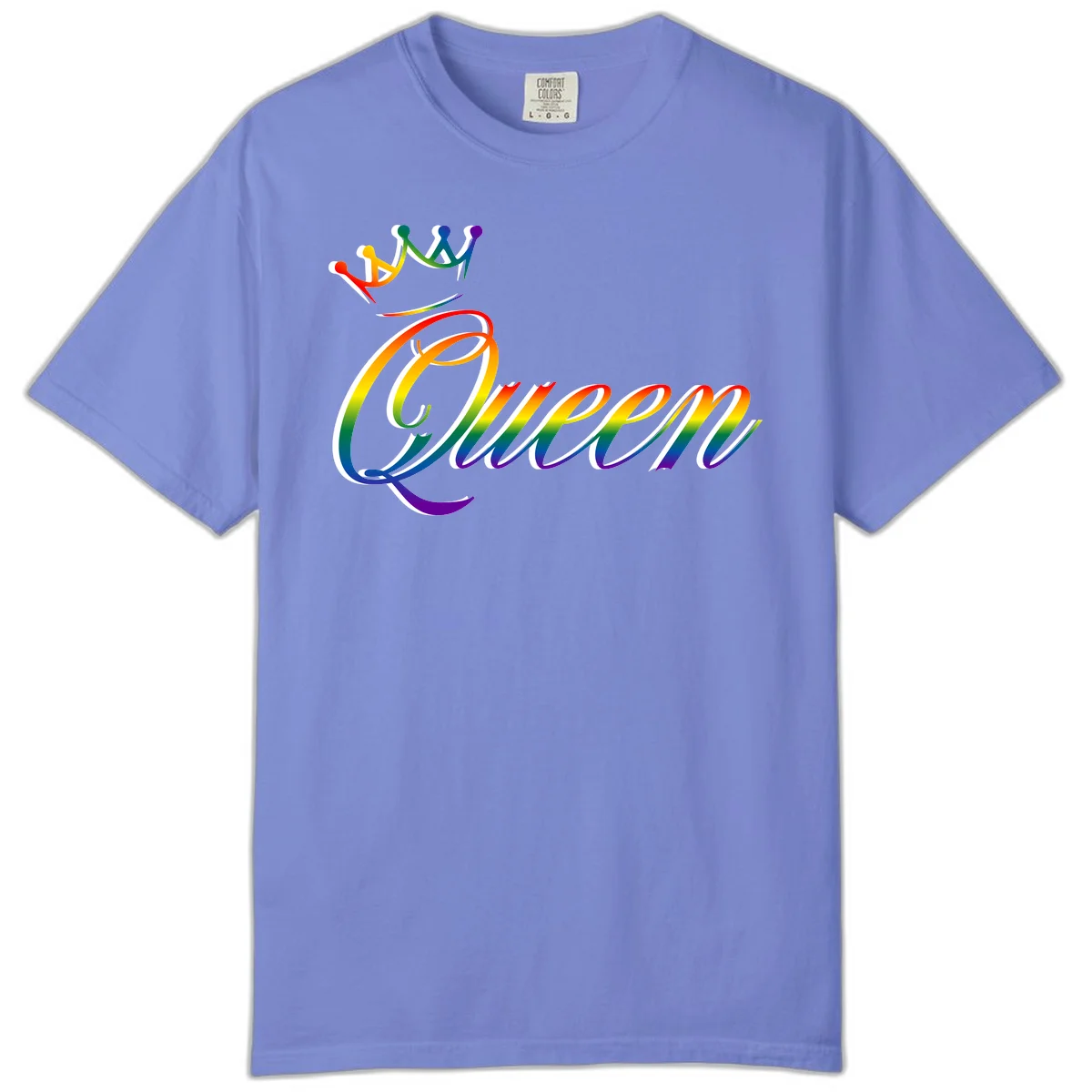 Rainbow queen pride design with four connected figures in pride colors and gradient text in Flo Blue