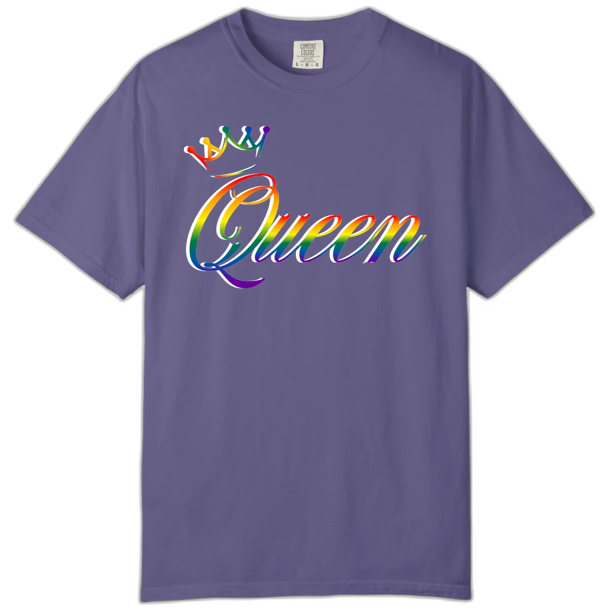 Rainbow queen pride design with four connected figures in pride colors and gradient text in Grape