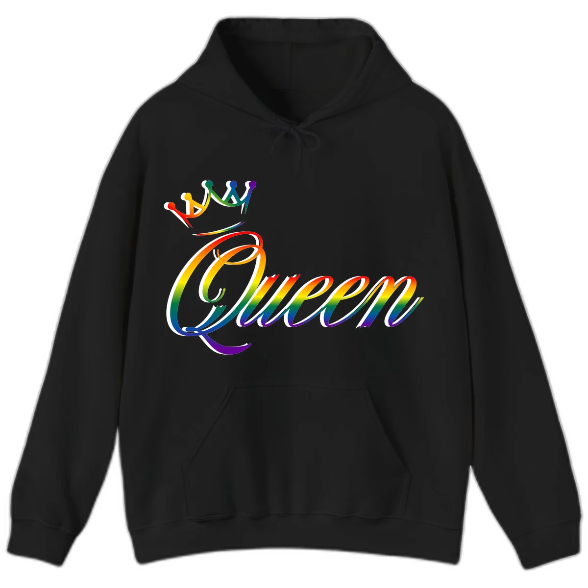 Rainbow queen pride design with four connected figures in pride colors and gradient text in Black