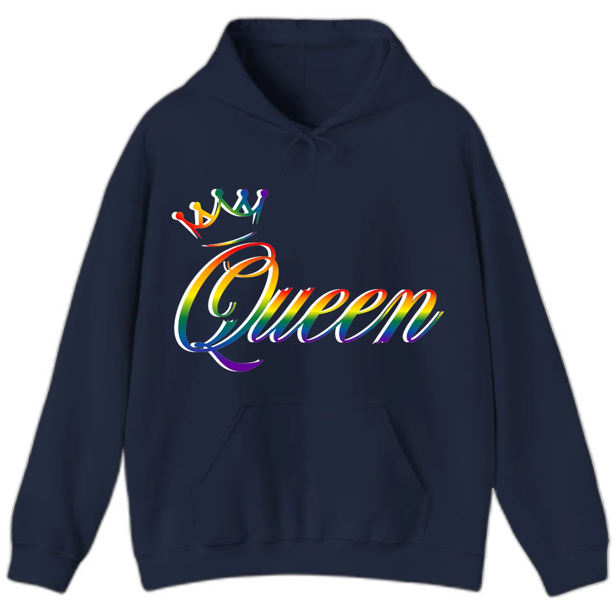 Rainbow queen pride design with four connected figures in pride colors and gradient text in Navy