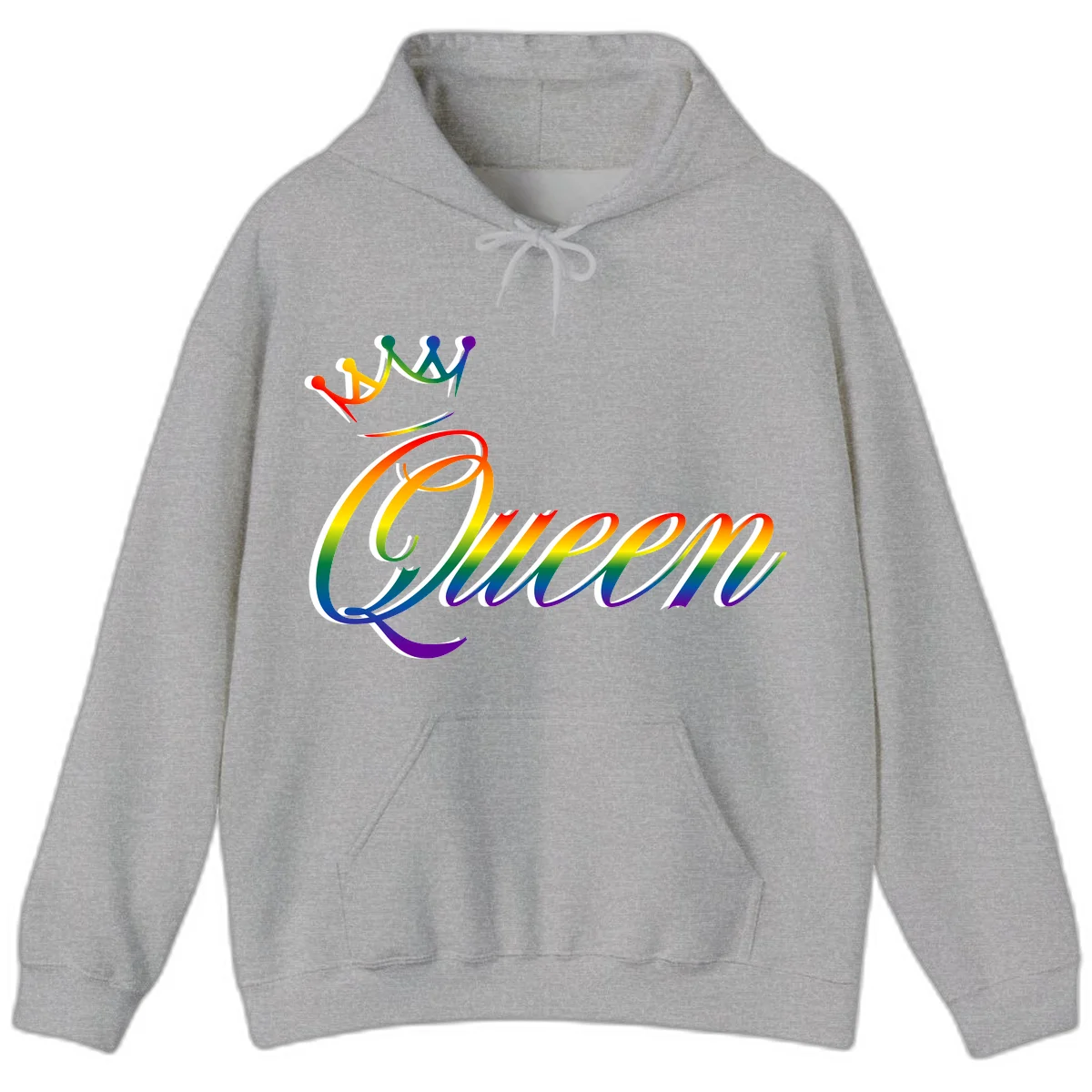 Rainbow queen pride design with four connected figures in pride colors and gradient text in Sport Grey