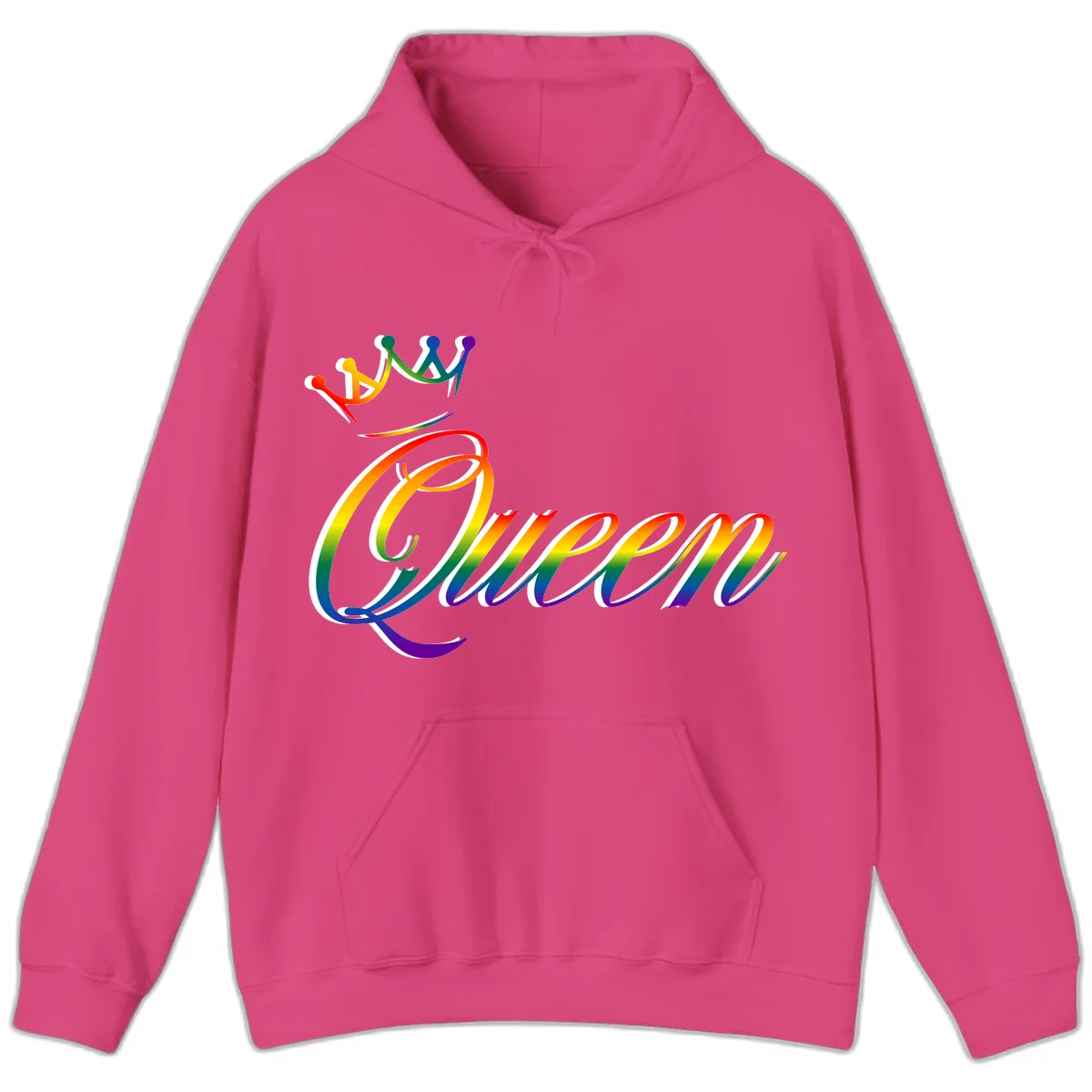 Rainbow queen pride design with four connected figures in pride colors and gradient text in Heliconia