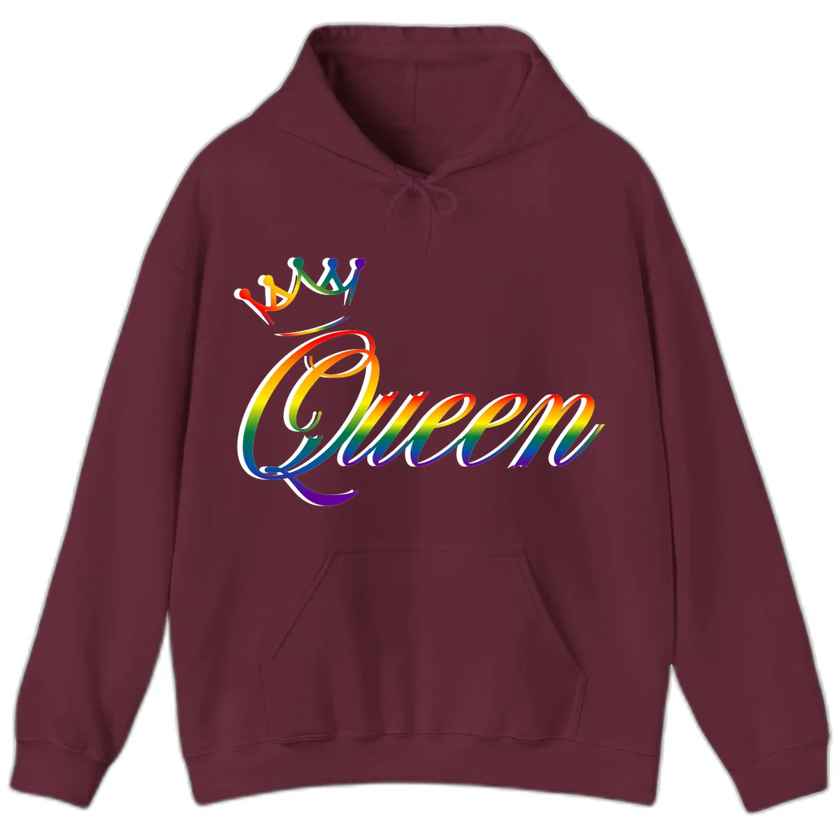 Rainbow queen pride design with four connected figures in pride colors and gradient text in Maroon