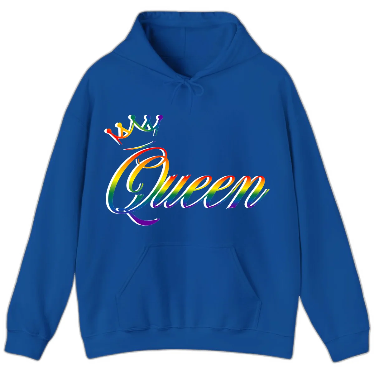Rainbow queen pride design with four connected figures in pride colors and gradient text in Royal