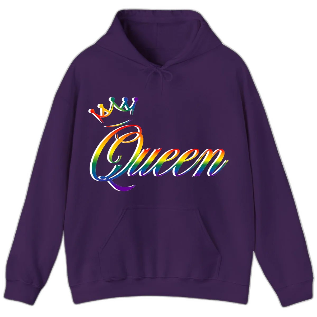 Rainbow queen pride design with four connected figures in pride colors and gradient text in Purple