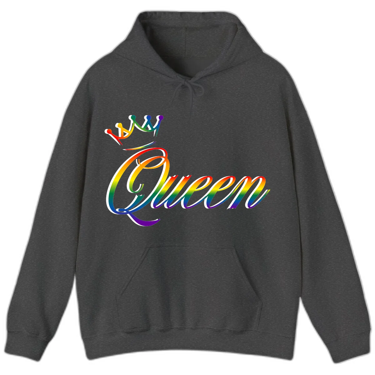 Rainbow queen pride design with four connected figures in pride colors and gradient text in Dark Heather