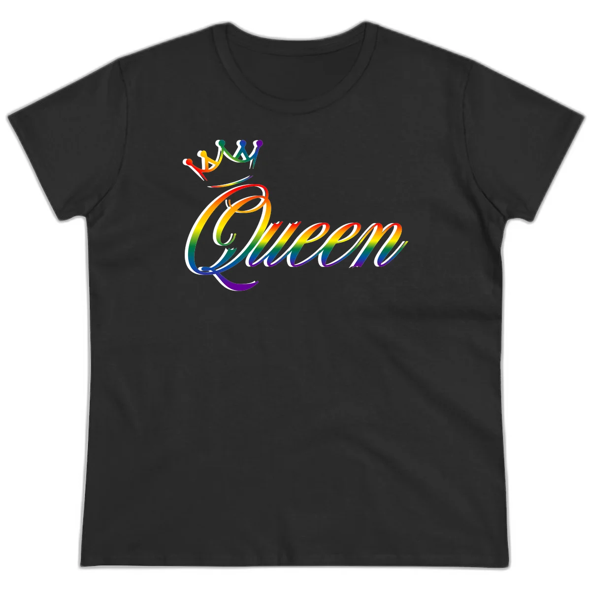 Rainbow queen pride design with four connected figures in pride colors and gradient text in Black