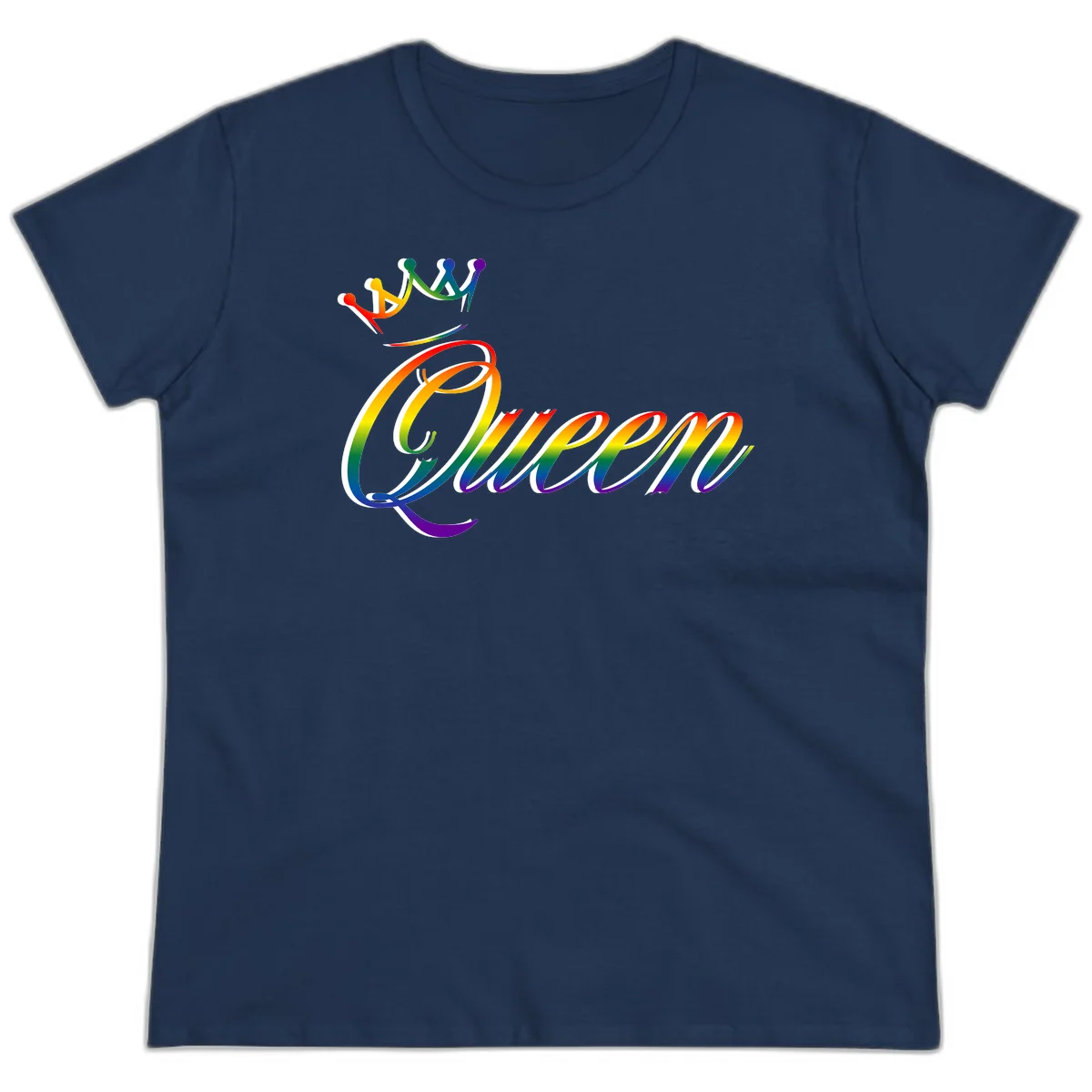 Rainbow queen pride design with four connected figures in pride colors and gradient text in Navy