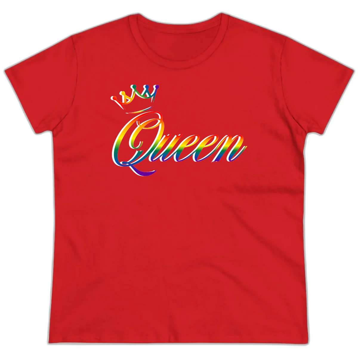 Rainbow queen pride design with four connected figures in pride colors and gradient text in Red